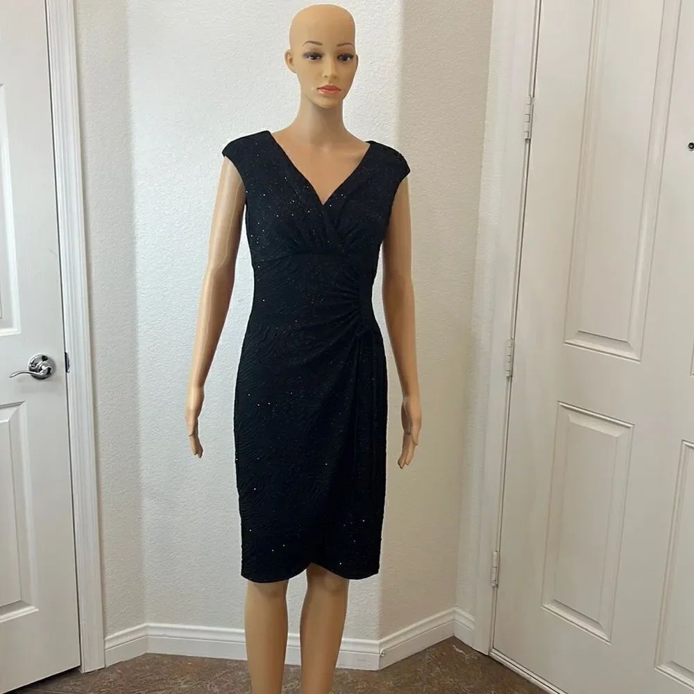 Alfani Size 6 Dress Black Silver Diamond Sparkle V Neck Sleeveless Ruched Midi